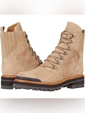 Marc Fisher Izzie tan nude alligator print embossed lace up combat boots 8.5